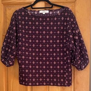 LOFT Burgundy Floral Peasant Blouse Puff Sleeve Lightweight Top S